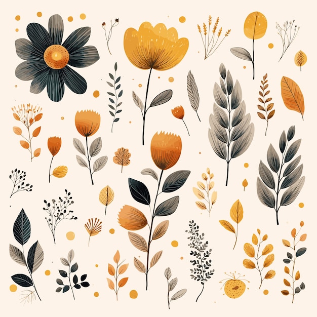 Иллюстрационный набор цветочных и лиственных тонов земли