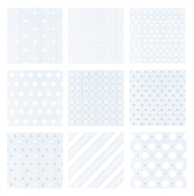 ベクトル リネンの背景に9つの穏やかな色あせた青いレトロなシームレスパターンのイラストセット。