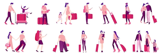 Laggage와 핸드백 관광의 그림 집합입니다. 가족 여행, 가방으로 사업가. 여행, 가족 휴가 또는 출장 중 캐릭터 컬렉션