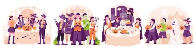 Набор иллюстраций людей, одетых в различные костюмы Хэллоуина для празднования Хэллоуина