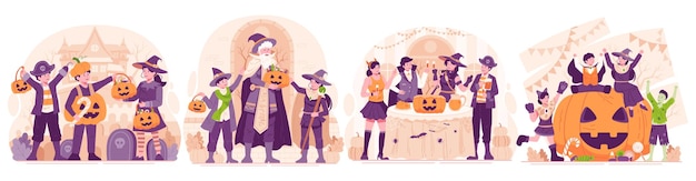 Vettore insieme di persone che si travestono con vari costumi di halloween per festeggiare halloween
