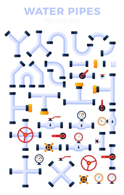 Set di illustrazione di diversi tipi di tubi isolato. tubi dell'acqua, elementi per la costruzione della valvola del gas, concetto industriale dell'olio nello stile piano.