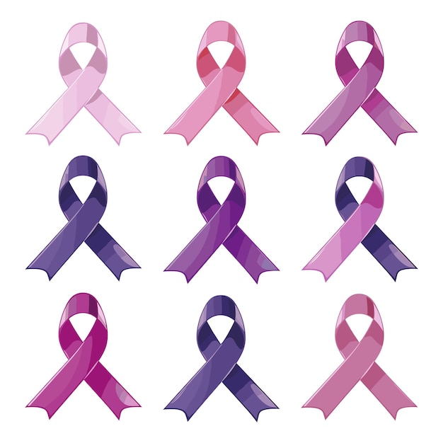 Illustration set of ribbons in pink and purple shades representing cancer support