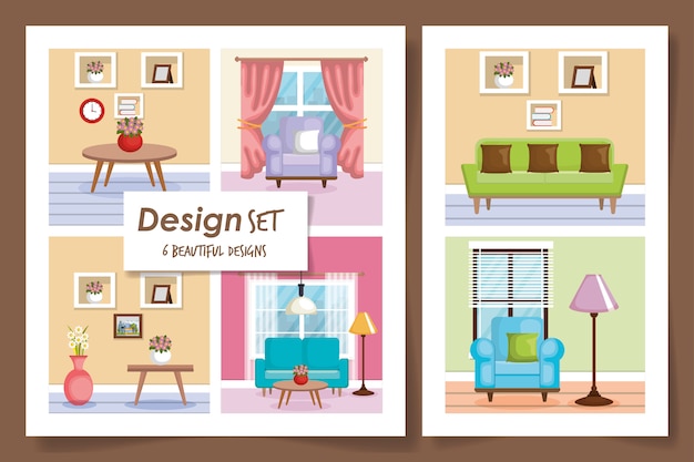 Illustration set scenes interior of home