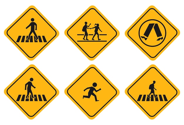 Illustration set of school zone street or pedestrian area realistic pedestrians yellow signs