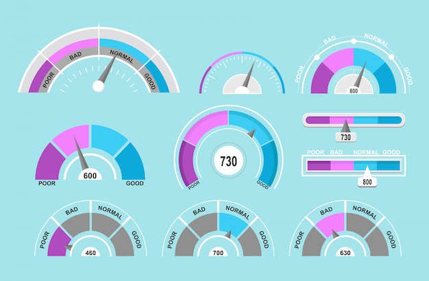 Vector illustration set of speedometers and pointers. indicators collection on blue background in flat cartoon style.