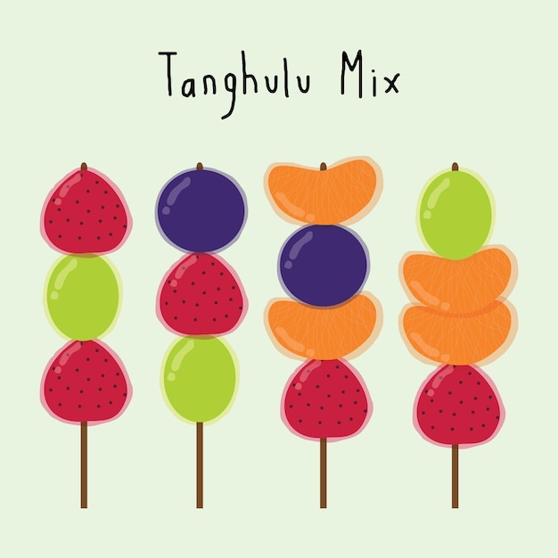 Vector illustration of a set of tanghulu mix fruits