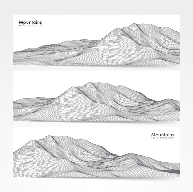 Illustrazione: set di tre layout di banner con paesaggio di montagne wireframe.