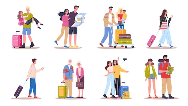 Set di illustrazione di turisti con bagagli e borsetta. viaggio di famiglia, uomo d'affari con una valigia. raccolta di personaggi nel loro viaggio, vacanza in famiglia o viaggio d'affari