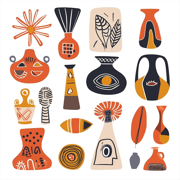 Illustration set of tribal vases and symbols in a warm palette