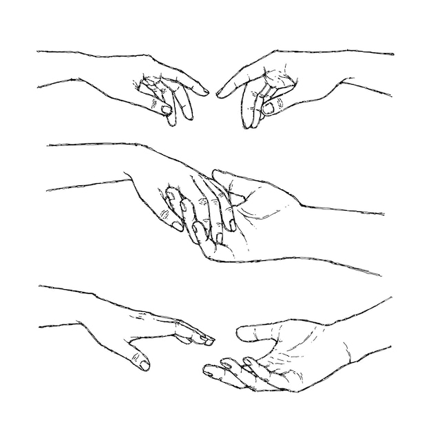 Vettore illustrazione set di due mani che si allungano l'una verso l'altra