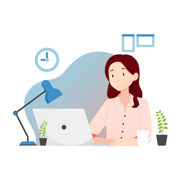 Vector illustration set of woman working on her laptop