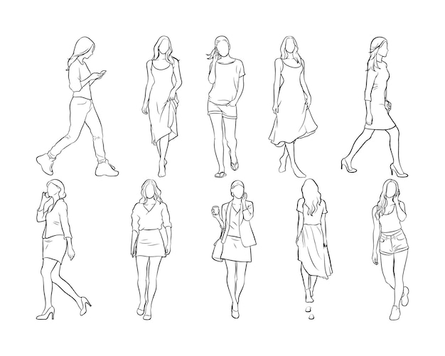 Vector illustration of a set of womens sketch fashion characters