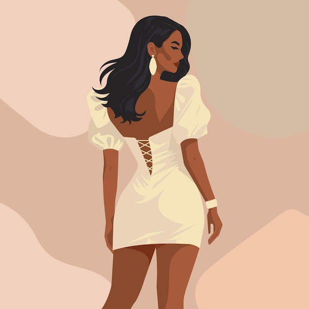 Vector illustration of a sexy afro girl in an elegant white backless dress with voluminous sleeves