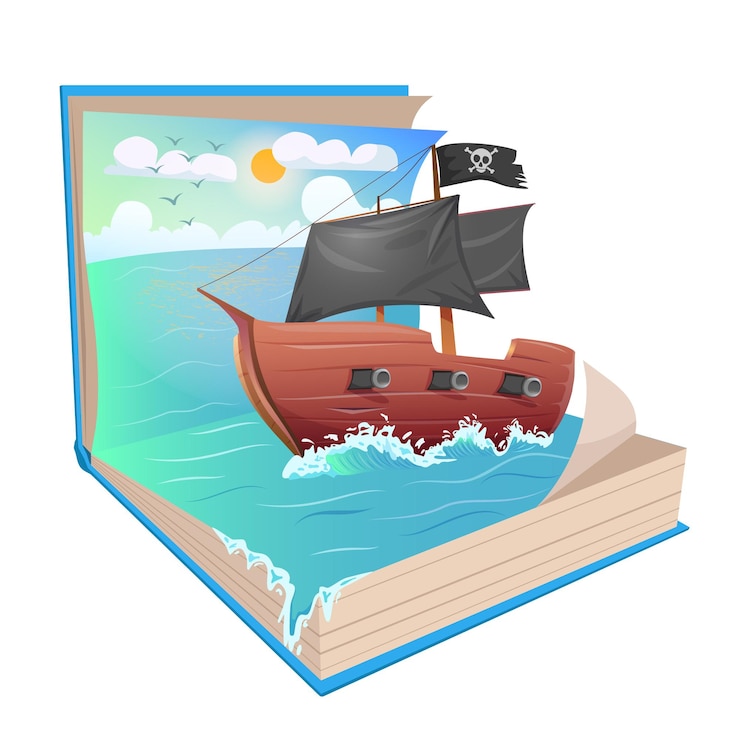 Illustration of a Ship Travelling to an Island Inside the Sea in a open Book
