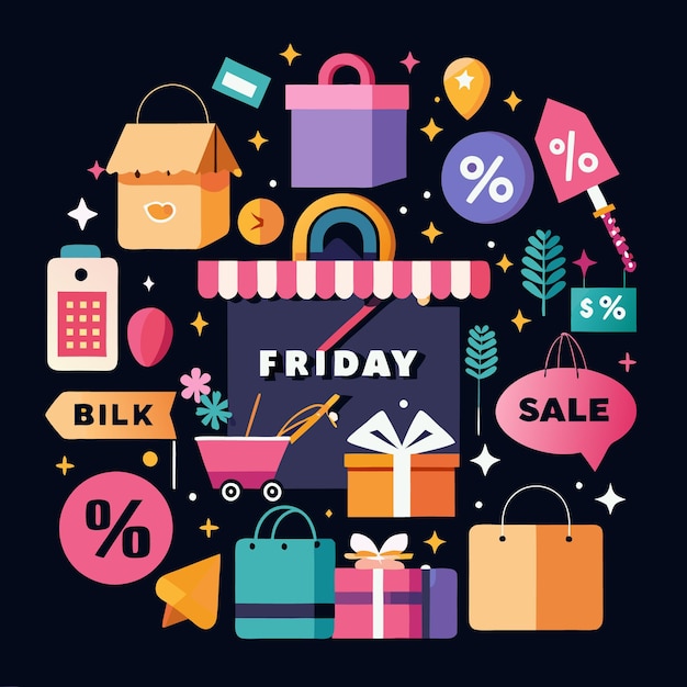 暗い背景にFridayという単語の周りのショッピングバッグギフト販売サインのイラスト