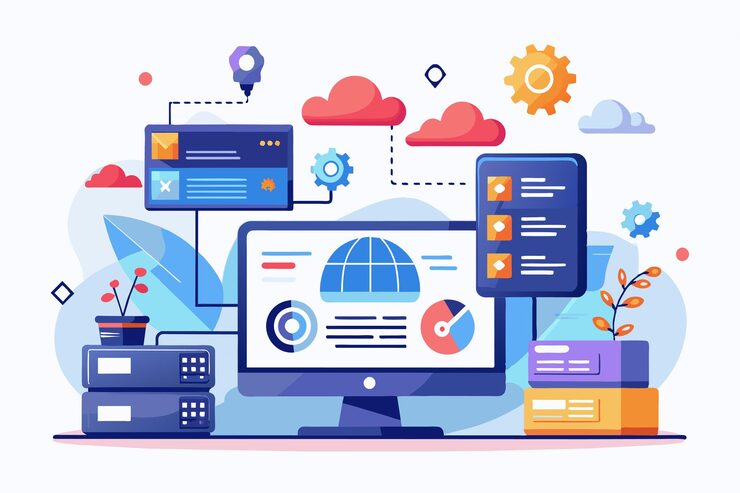 Vector an illustration showing web hosting services with servers data visualization and automated tasks in action website hosting