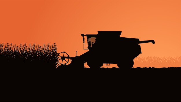 Vector illustration of side view harvester with plants on orange sky