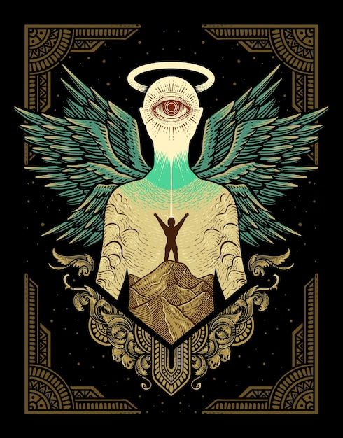 Иллюстрация силуэт ангела с людьми на холме на гравюре орнамент дизайн татуировки дизайн футболки плакат