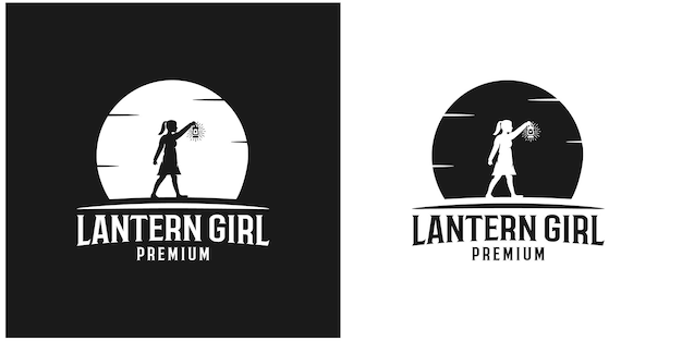 Illustration silhouette lantern girl premium vector