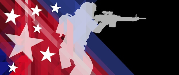 様式化されたアメリカの国旗の背景に兵士のイラスト シルエット