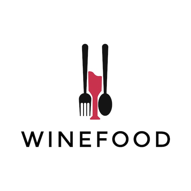 Иллюстрационный силуэт Бокал вина с вилкой и ложкой ресторан бар вывеска векторный шаблон логотипа