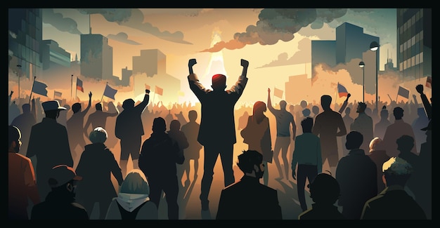 Illustration of silhouetted people protesting for freedom at dusk with raised fists