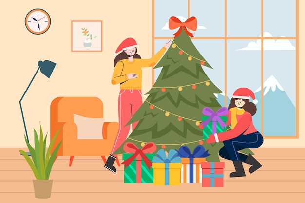 Vector illustration of sisters celebrating christmas at home