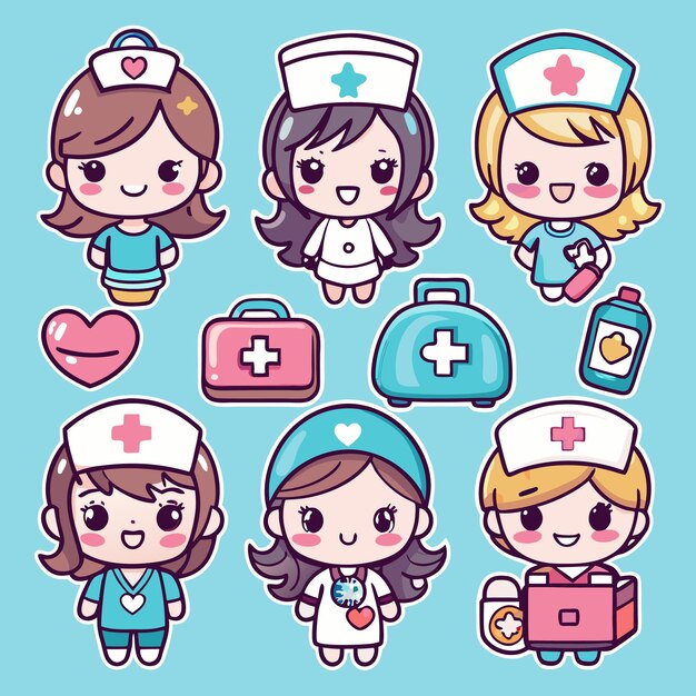 Vector illustration of six cartoon nurses with different hairstyles wearing different coloured uniforms and holding medical supplies