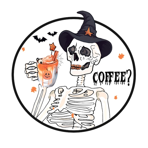 Vector illustration of a skeleton with coffee cool picture for halloween ideal for printing on tshirts