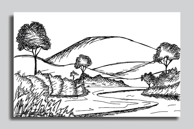 Vector illustration sketch of a mountain view with views of mountains trees and river