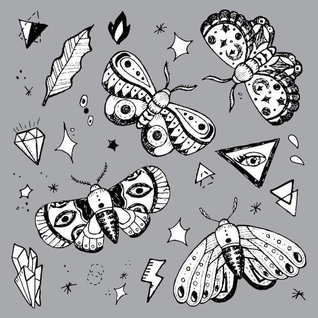 Illustration of sketched night butterflies collection