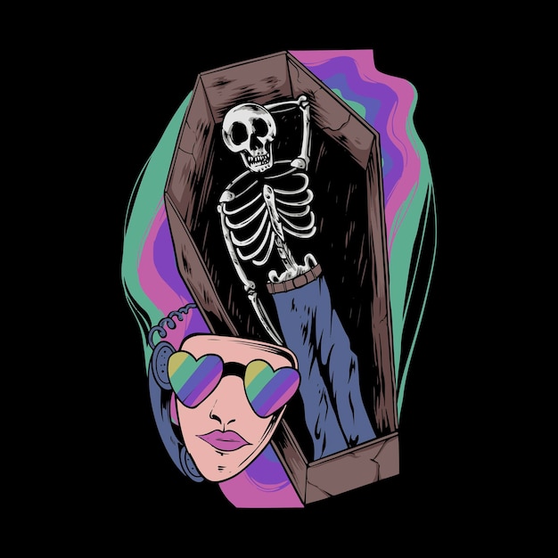 Vector illustration of a skull in a coffin with a woman39s face beside it