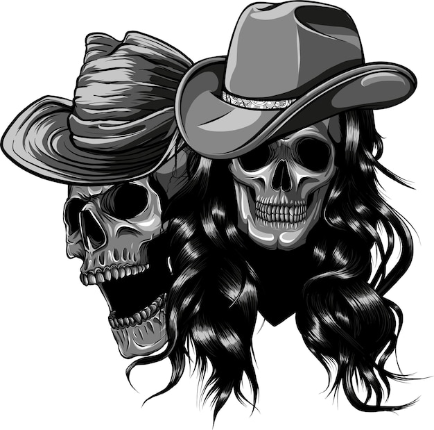 Vector illustration of skull cowboy monochrome on white background