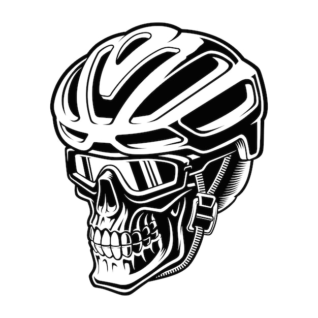 Illustrazione di un ciclista teschio nel casco su sfondo bianco.