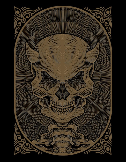 Illustration skull demon with engraving style