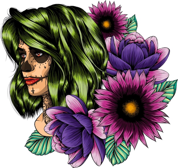 illustration of skull girl with flower