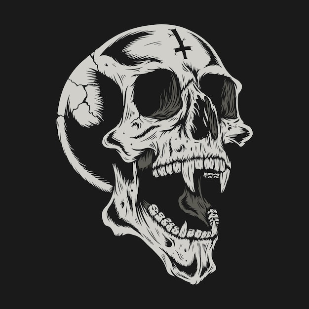 Illustration of skull head with crack detailed design