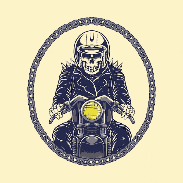 Illustration skull rider motorcycle with chain