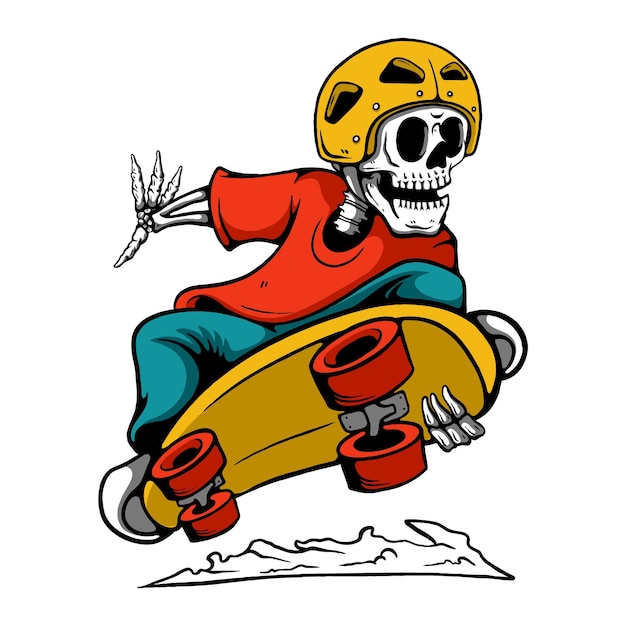 Vettore illustrazione di un teschio in sella a uno skateboard