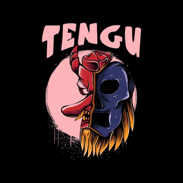 Illustration of skull split tengu with moon