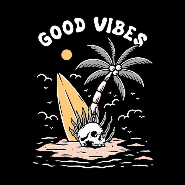 illustration of skull summer good vibes hand drawing