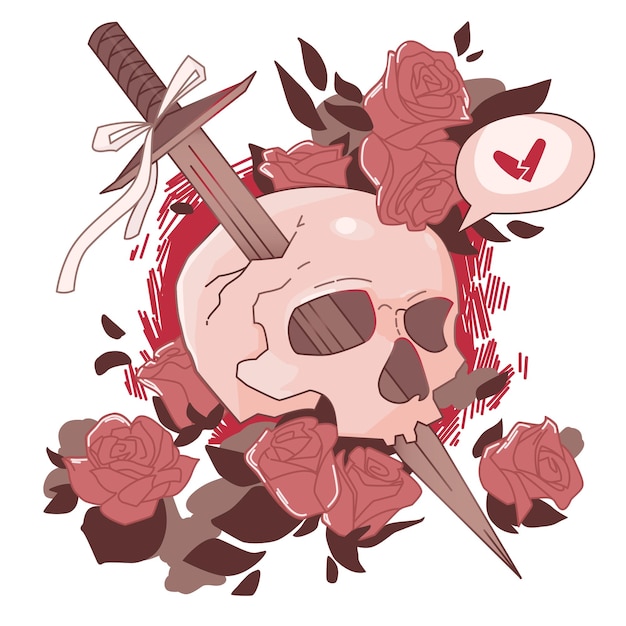 Vector illustration of a skull with a dagger and roses