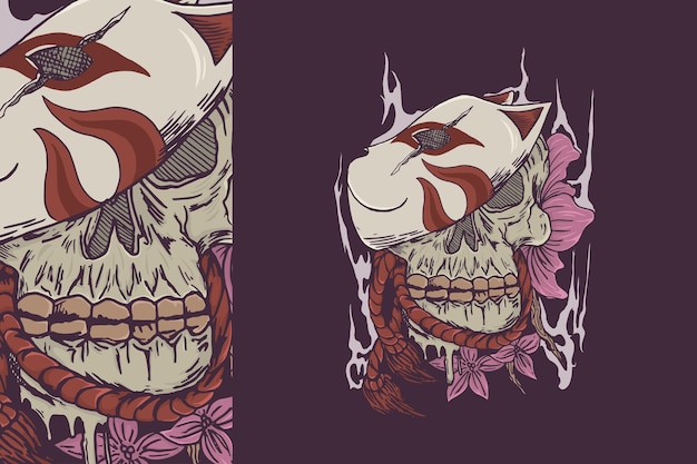 Illustration of a skull with a fox mask and cherry blossoms on a purple background