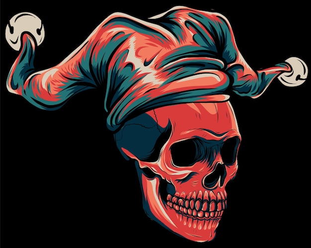 Vector illustration of skull with joker hat on black background