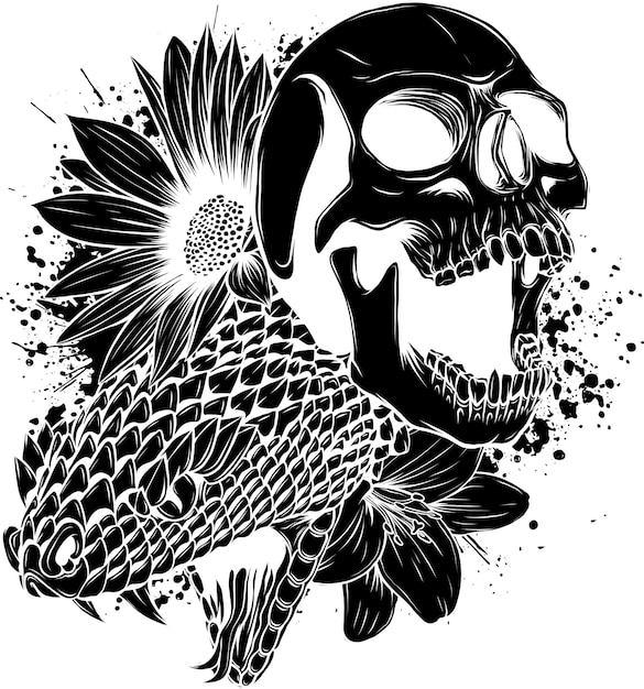 illustration of skull with snake and flower