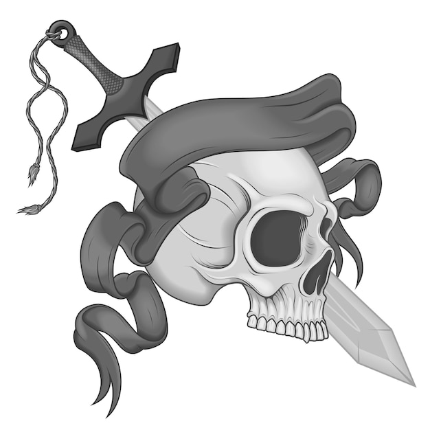 Illustration of skull with sword and ribbon