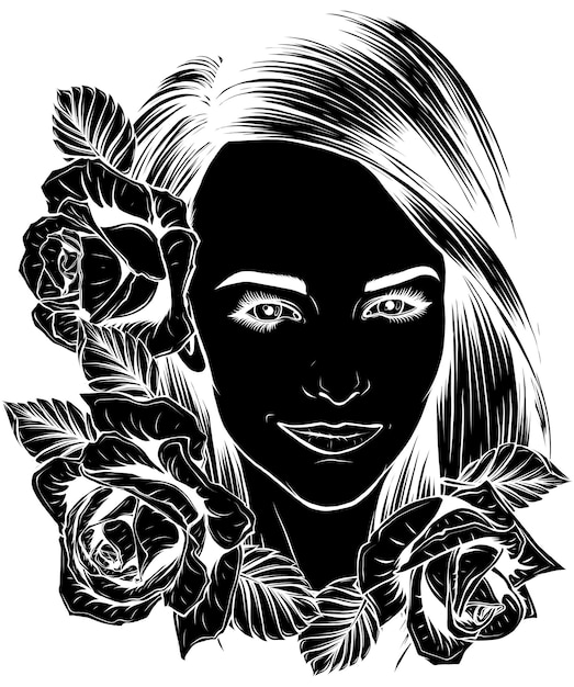 Vettore illustrazione della donna del teschio con le rose