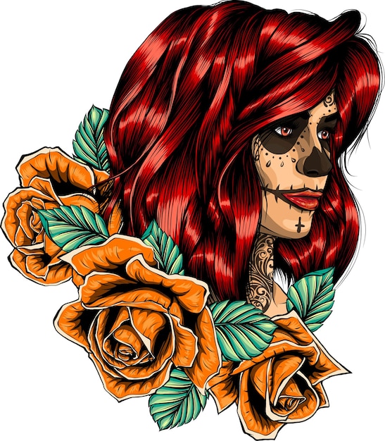 Vector illustration of skull woman with roses