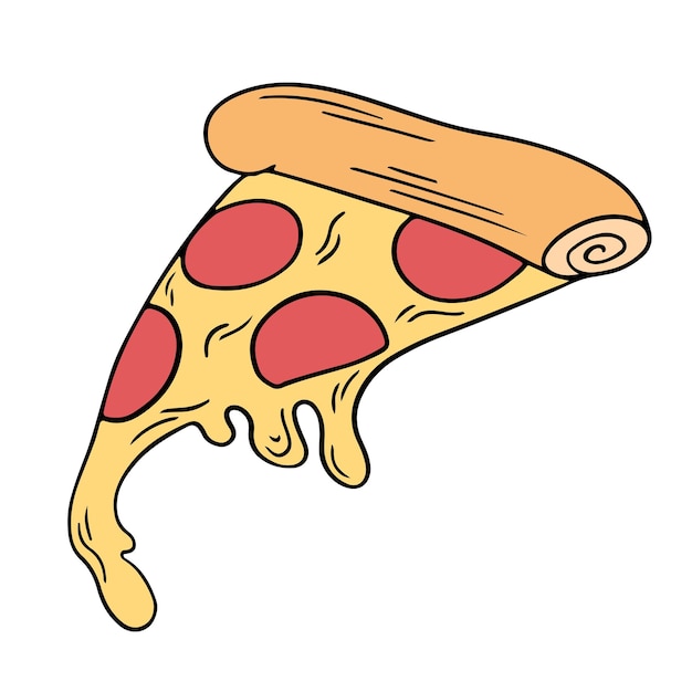 Illustration of a slice of pepperoni pizza on a thin crust with glass cheese on the edge